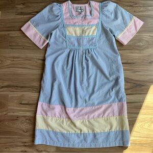 Vtg Saybury Rainbow Striped Nightgown MuMu House Dress Pockets M Maxi Searsucker